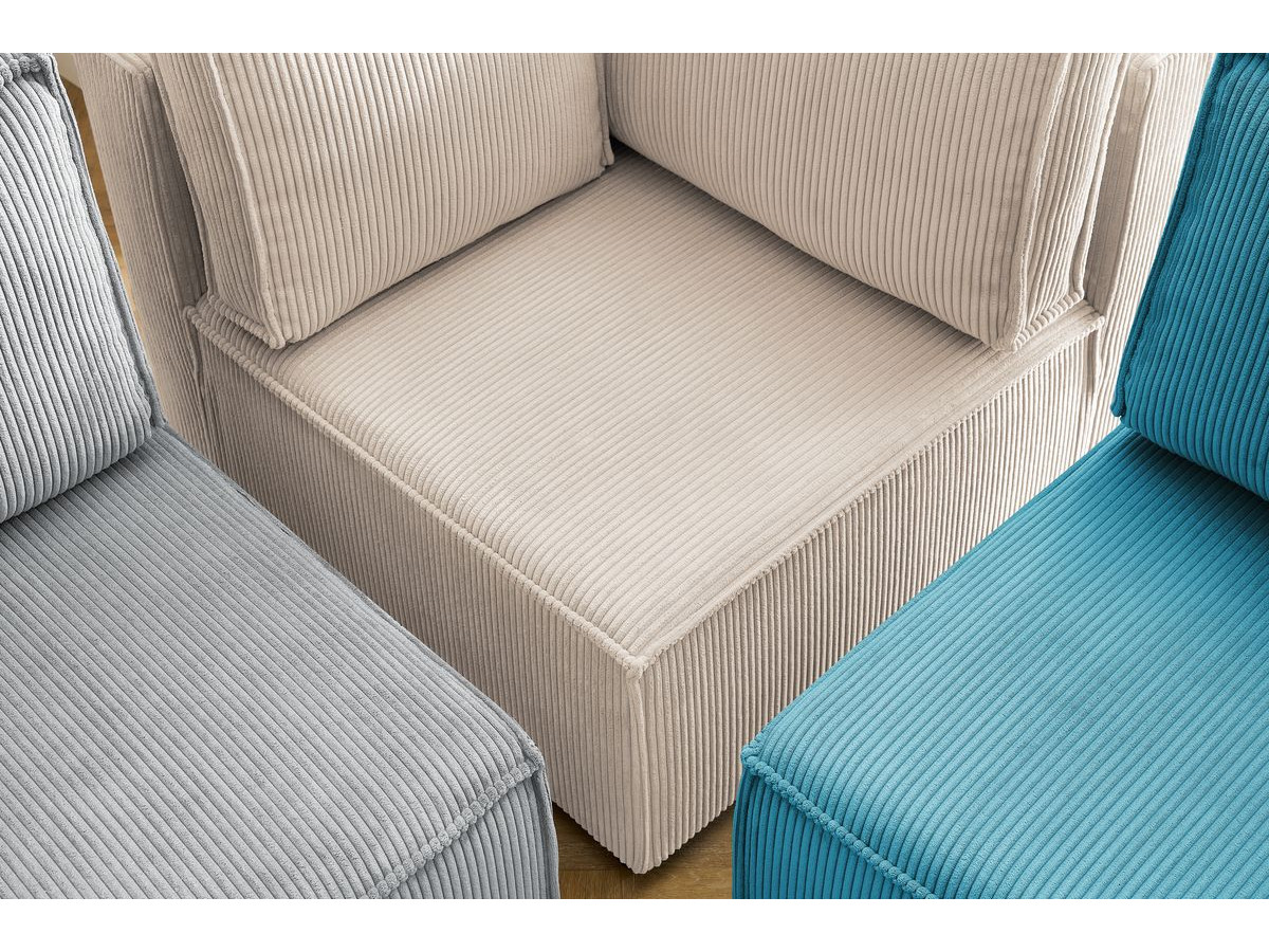 Canapé d'angle fixe 100% modulable NIHAD tissu velours côtelé 3 chauffeuses, 1 angle et 1 méridienne