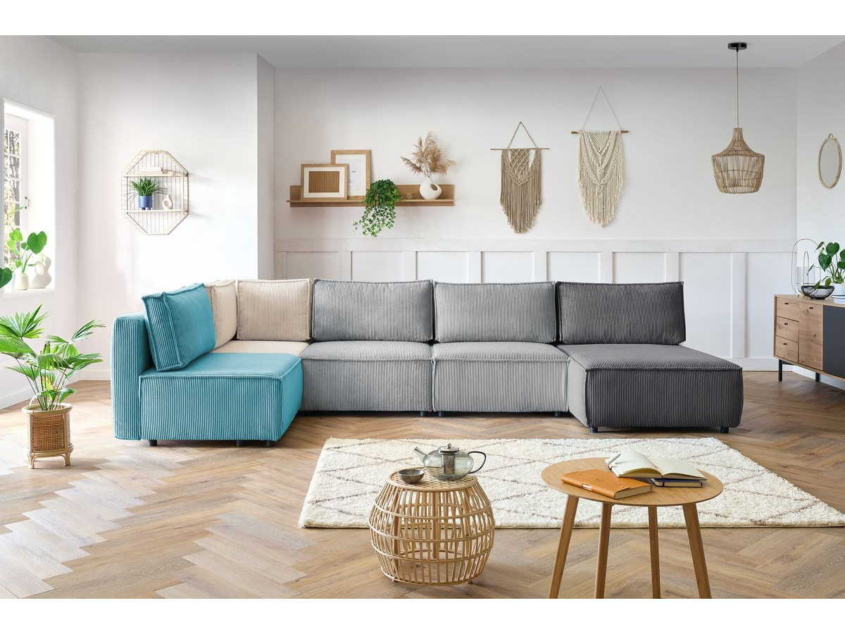 NIHAD 100% modulaire vaste hoekbank in corduroy stof met 3 fauteuils, 1 hoek en 1 chaise longue