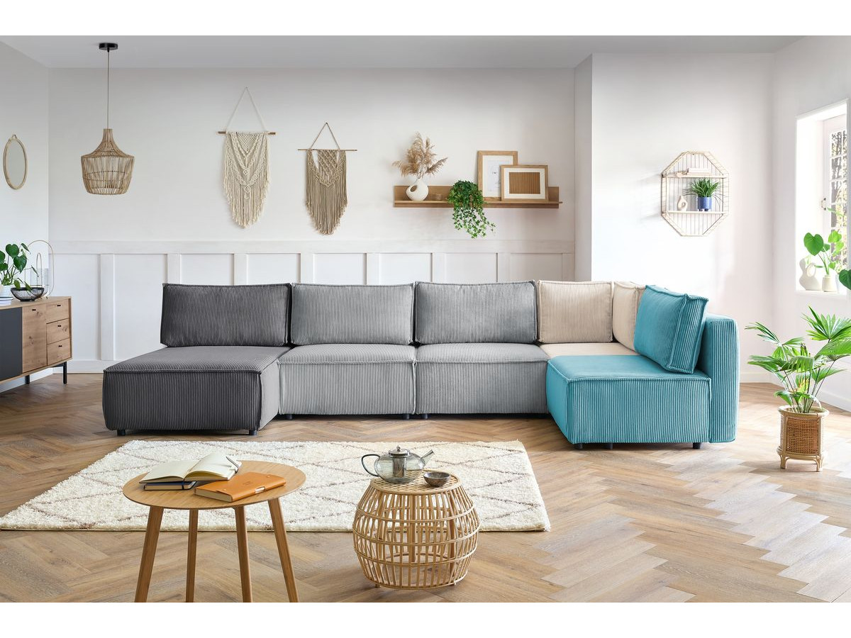 NIHAD 100% modulaire vaste hoekbank in corduroy stof met 3 fauteuils, 1 hoek en 1 chaise longue