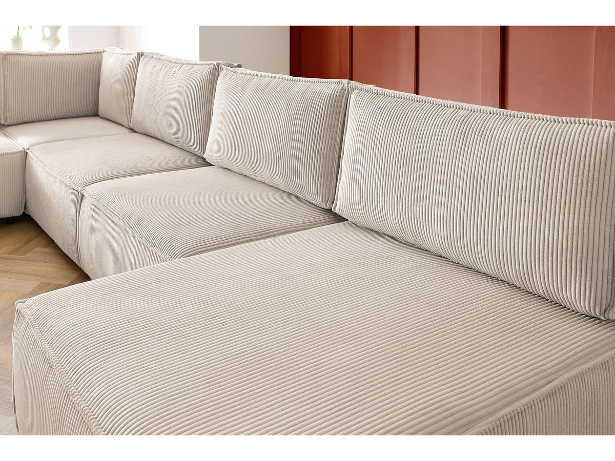Canapé d'angle fixe 100% modulable NIHAD tissu velours côtelé 3 chauffeuses, 1 angle et 1 méridienne