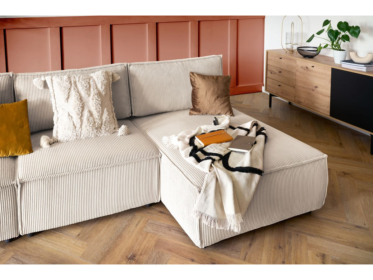 Canapé d'angle fixe 100% modulable NIHAD tissu velours côtelé 3 chauffeuses, 1 angle et 1 méridienne
