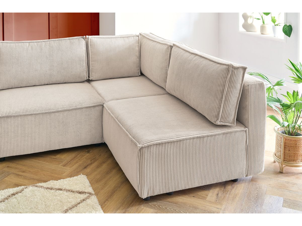 Canapé d'angle fixe 100% modulable NIHAD tissu velours côtelé 3 chauffeuses, 1 angle et 1 méridienne