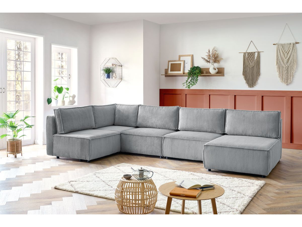 Canapé d'angle modulable NIHAD velours côtelé gris clair — vue 5