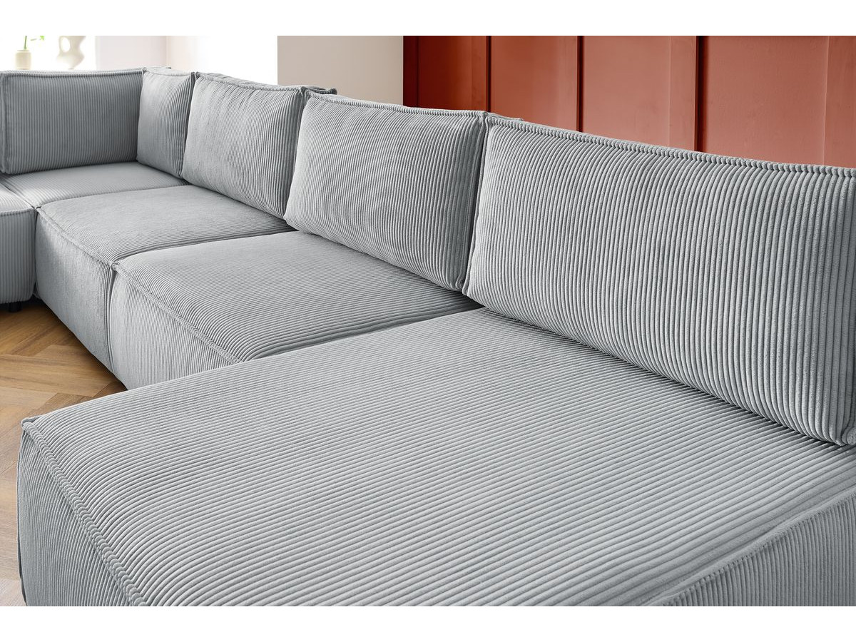 Canapé d'angle fixe 100% modulable NIHAD tissu velours côtelé 3 chauffeuses, 1 angle et 1 méridienne