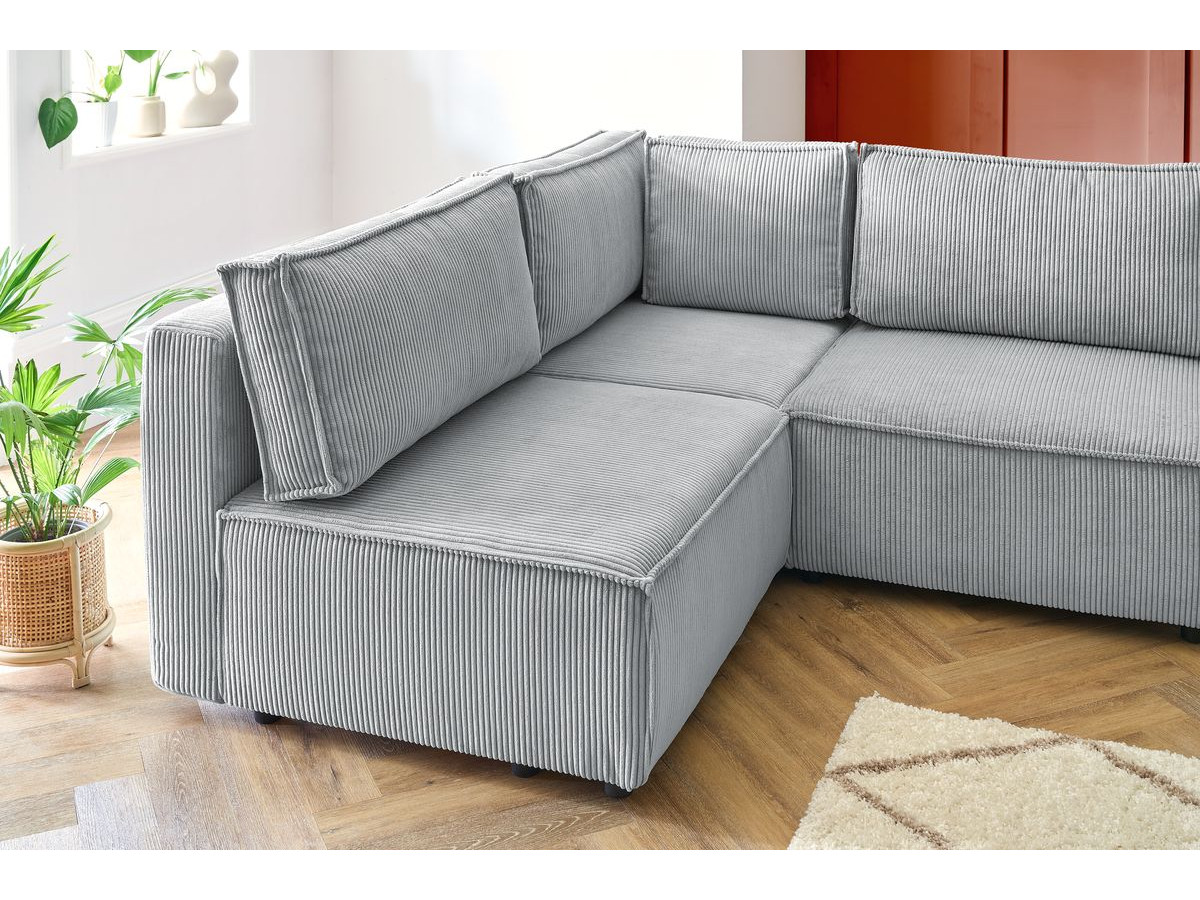 Canapé d'angle fixe 100% modulable NIHAD tissu velours côtelé 3 chauffeuses, 1 angle et 1 méridienne