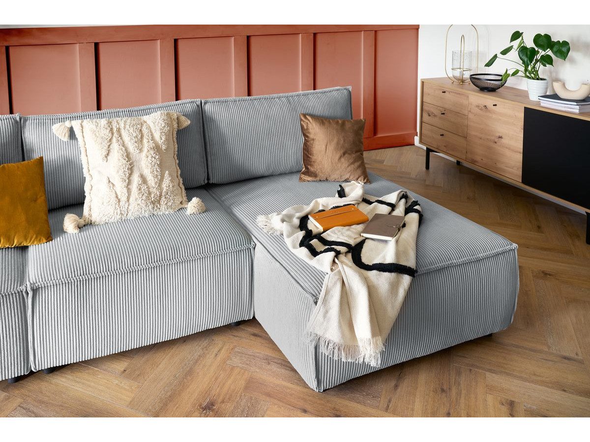 Canapé d'angle fixe 100% modulable NIHAD tissu velours côtelé 3 chauffeuses, 1 angle et 1 méridienne