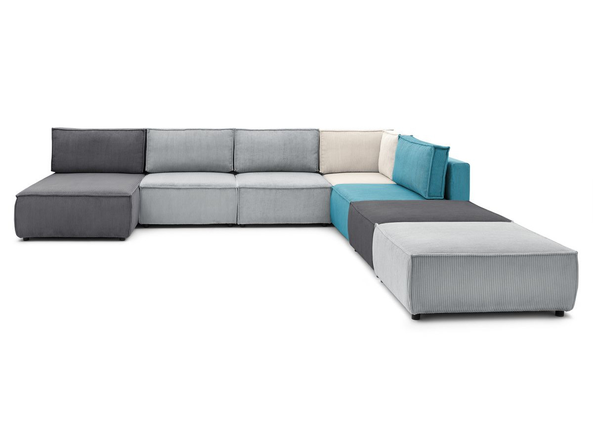 NIHAD vaste panoramische bank 100% modulaire corduroy stof 3 fauteuils, 1 hoek, 1 chaise longue en 2 poefs