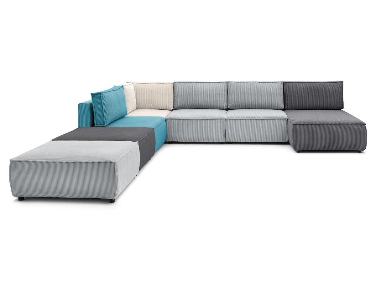 NIHAD vaste panoramische bank 100% modulaire corduroy stof 3 fauteuils, 1 hoek, 1 chaise longue en 2 poefs