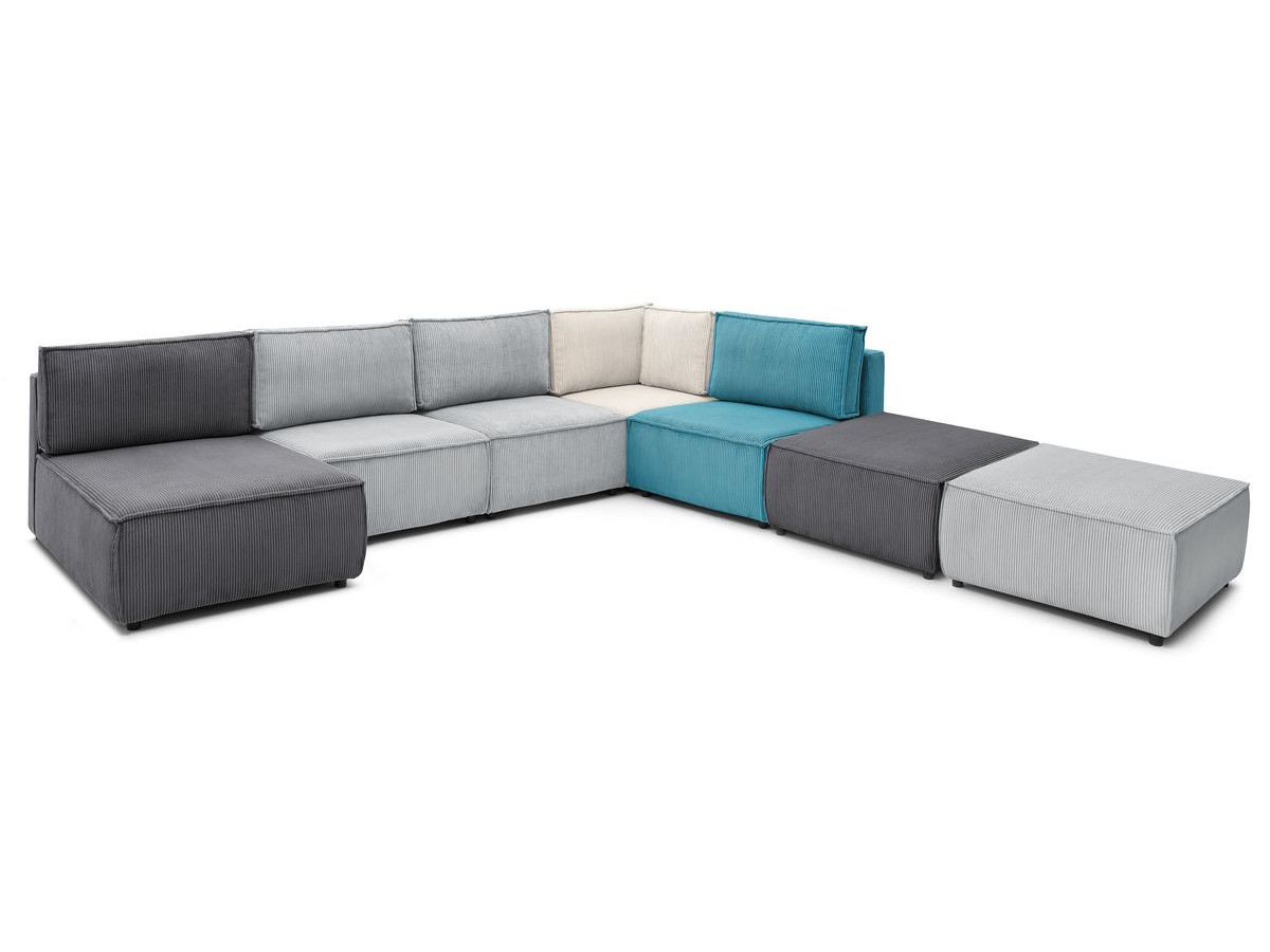 NIHAD vaste panoramische bank 100% modulaire corduroy stof 3 fauteuils, 1 hoek, 1 chaise longue en 2 poefs