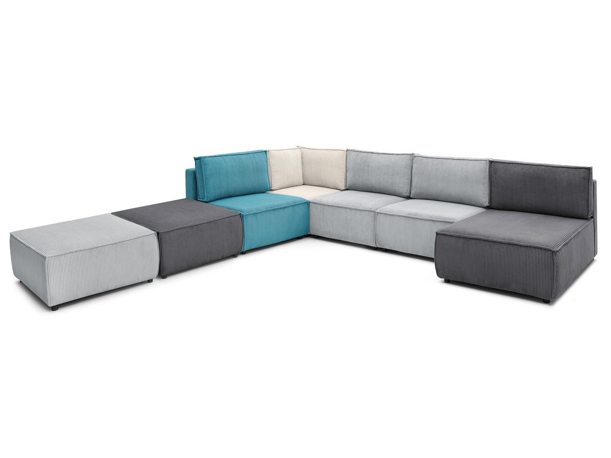 NIHAD vaste panoramische bank 100% modulaire corduroy stof 3 fauteuils, 1 hoek, 1 chaise longue en 2 poefs