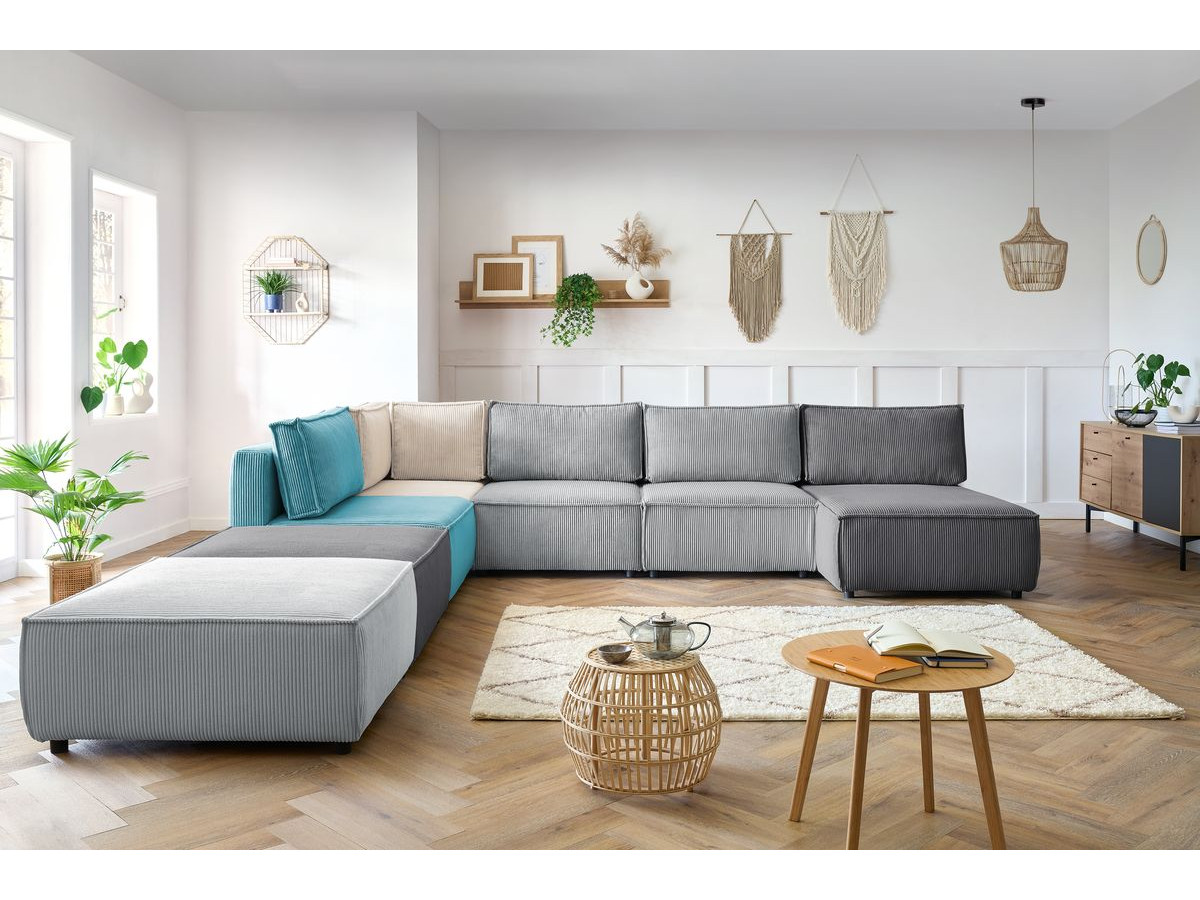 NIHAD vaste panoramische bank 100% modulaire corduroy stof 3 fauteuils, 1 hoek, 1 chaise longue en 2 poefs