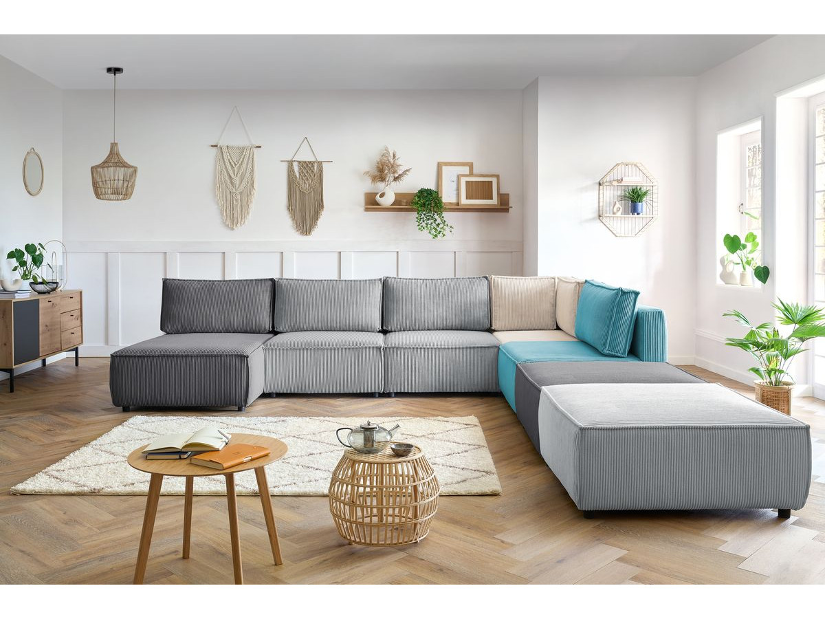NIHAD vaste panoramische bank 100% modulaire corduroy stof 3 fauteuils, 1 hoek, 1 chaise longue en 2 poefs