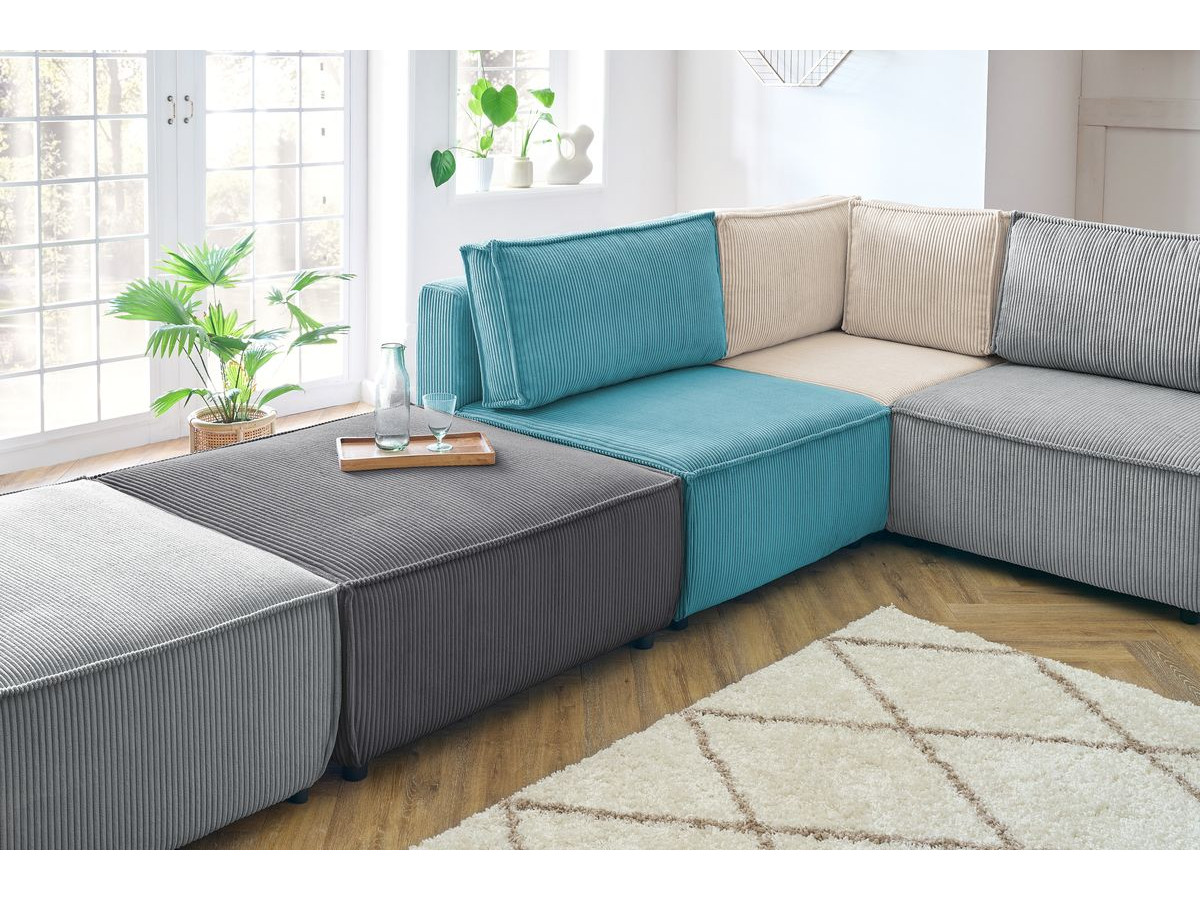 NIHAD vaste panoramische bank 100% modulaire corduroy stof 3 fauteuils, 1 hoek, 1 chaise longue en 2 poefs