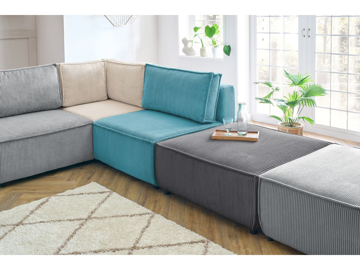 NIHAD vaste panoramische bank 100% modulaire corduroy stof 3 fauteuils, 1 hoek, 1 chaise longue en 2 poefs