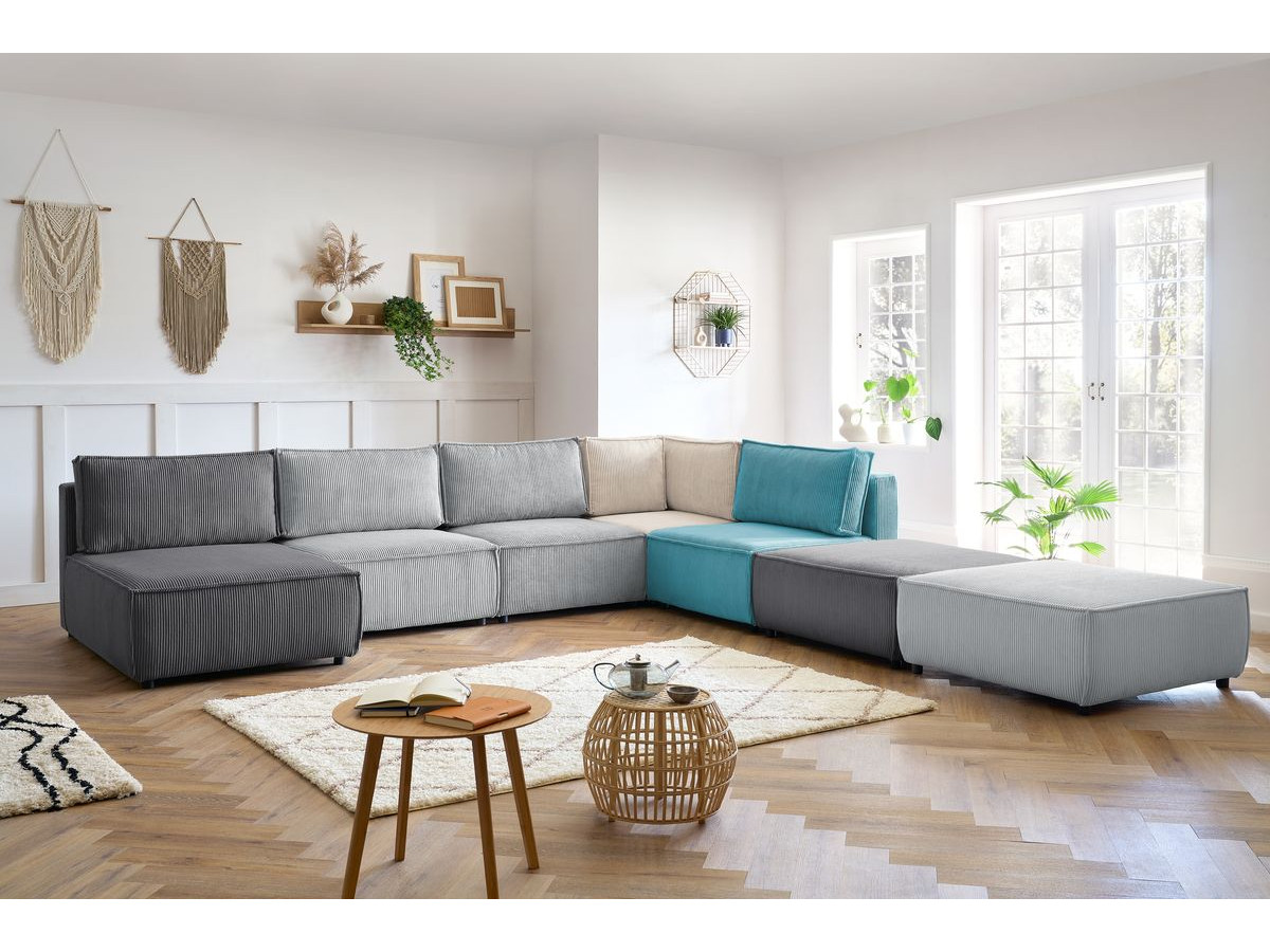 NIHAD vaste panoramische bank 100% modulaire corduroy stof 3 fauteuils, 1 hoek, 1 chaise longue en 2 poefs