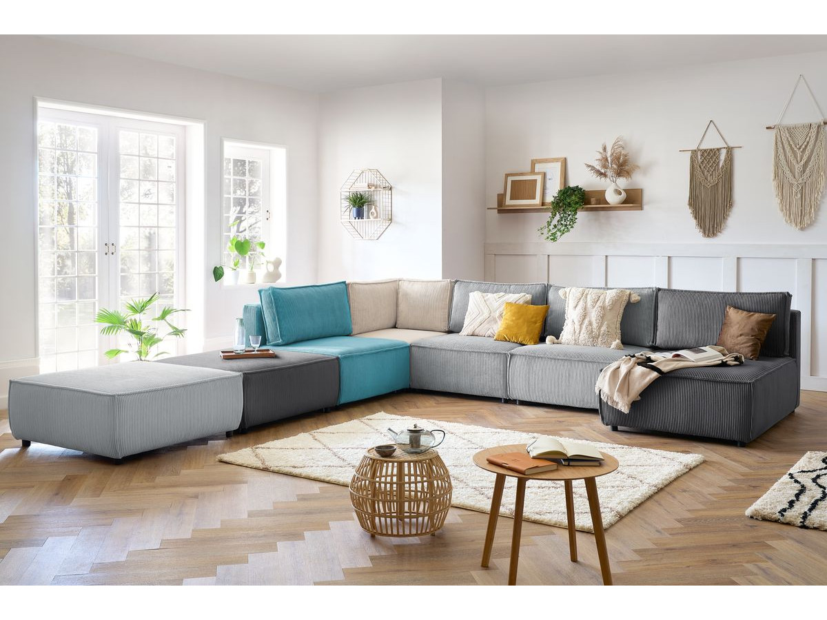 NIHAD vaste panoramische bank 100% modulaire corduroy stof 3 fauteuils, 1 hoek, 1 chaise longue en 2 poefs