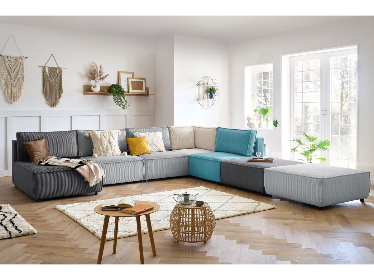 NIHAD vaste panoramische bank 100% modulaire corduroy stof 3 fauteuils, 1 hoek, 1 chaise longue en 2 poefs