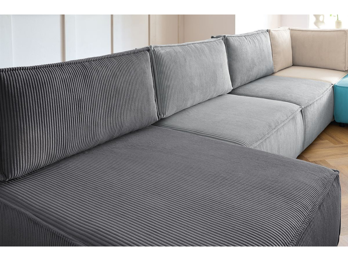NIHAD vaste panoramische bank 100% modulaire corduroy stof 3 fauteuils, 1 hoek, 1 chaise longue en 2 poefs
