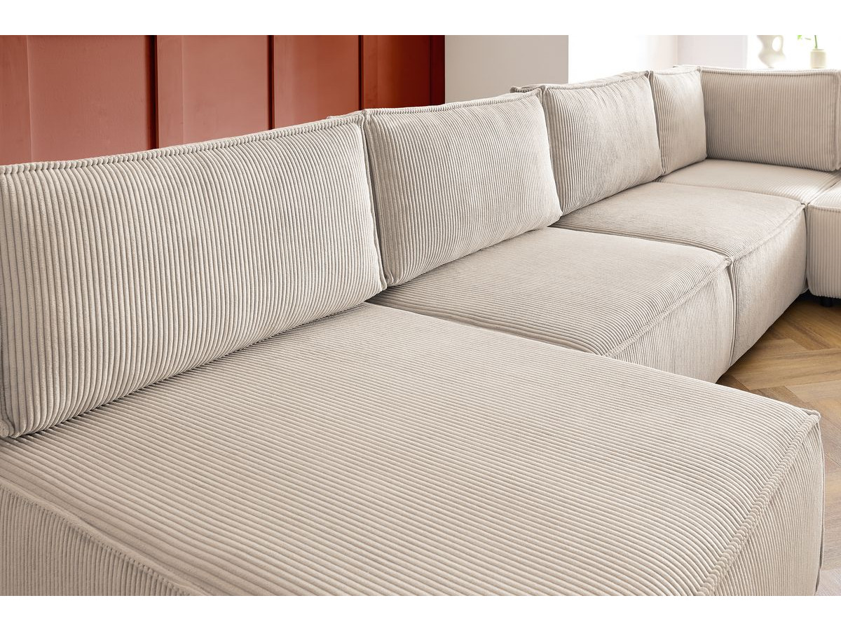 Canapé panoramique fixe 100% modulable NIHAD tissu velours côtelé 3 chauffeuses, 1 angle, 1 méridienne et 2 poufs