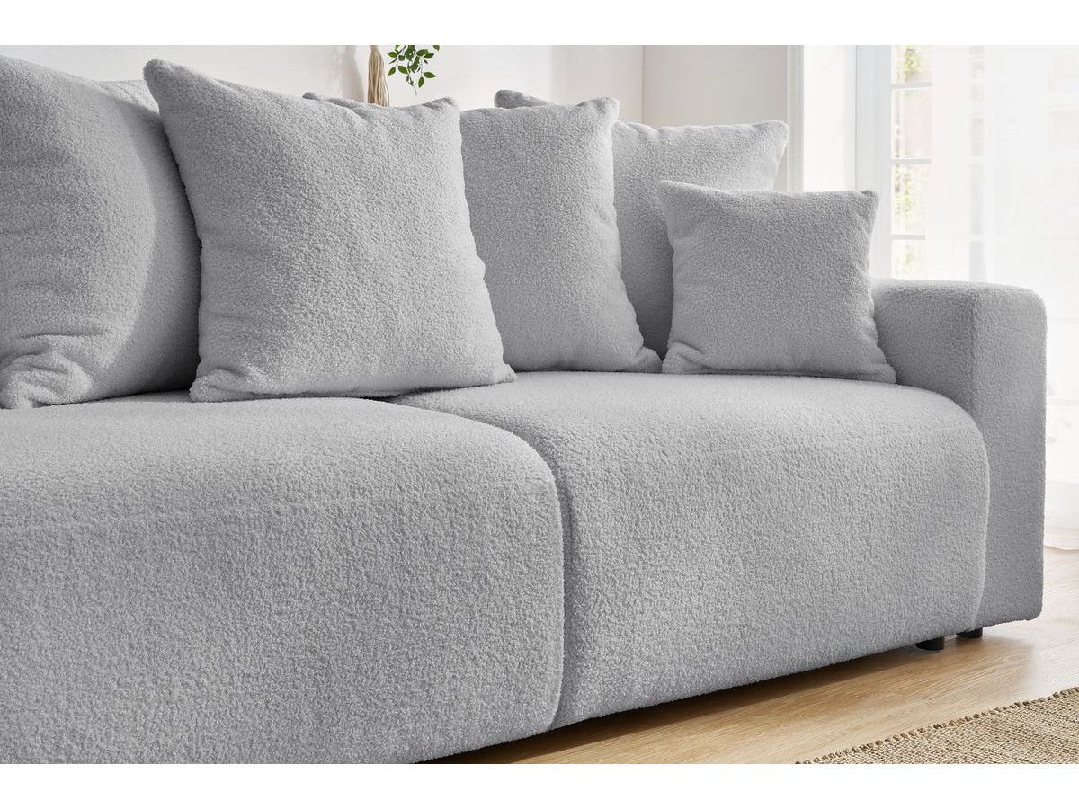 Canapé droit convertible coffre ENVY tissu bouclette doux avec pouf rectangulaire