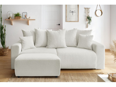 Canapé droit convertible coffre ENVY tissu bouclette doux avec pouf rectangulaire