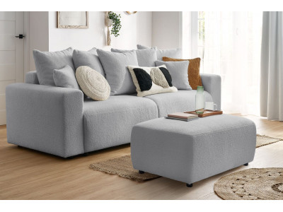 Canapé droit convertible coffre ENVY tissu bouclette doux avec pouf rectangulaire