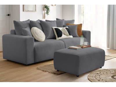 Canapé droit convertible coffre ENVY tissu bouclette doux avec pouf rectangulaire