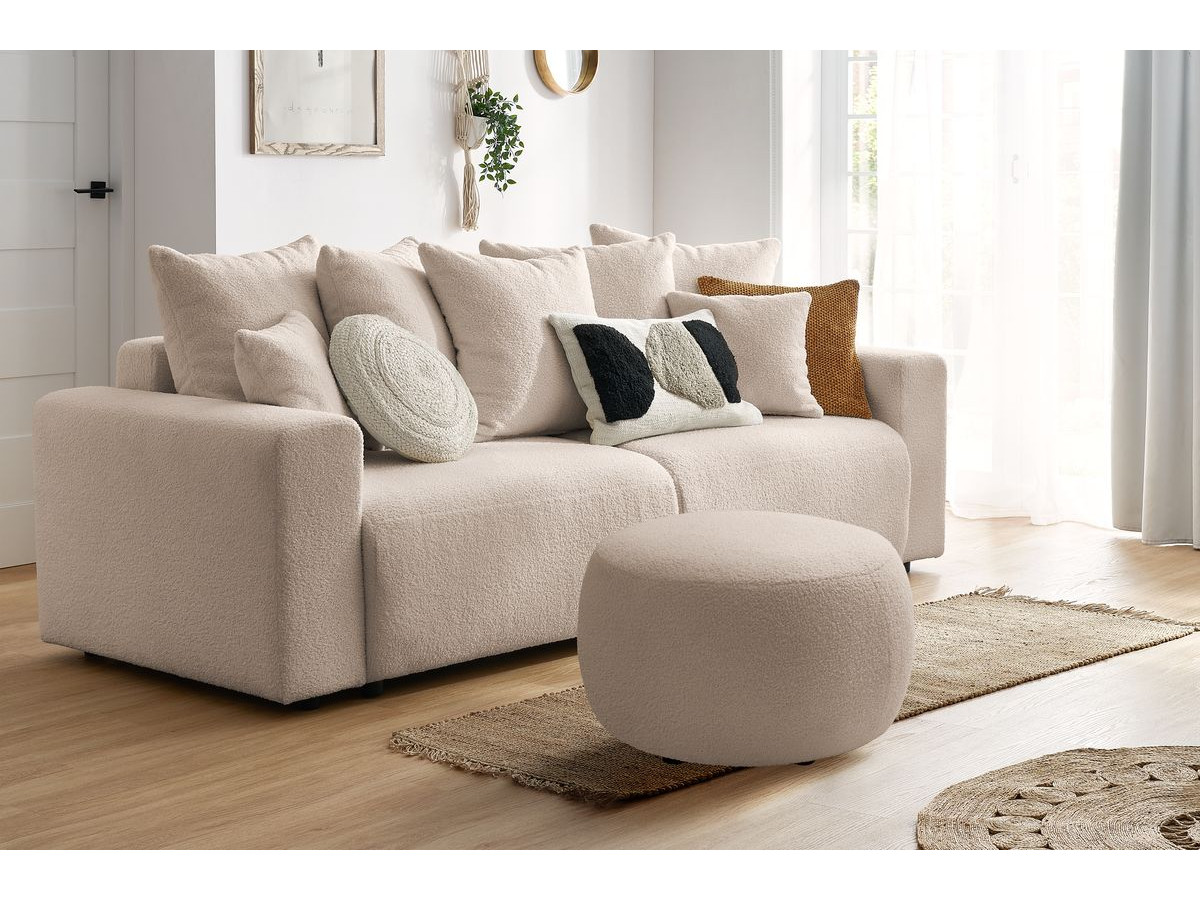 Canapé droit convertible coffre ENVY tissu bouclette doux avec pouf rond