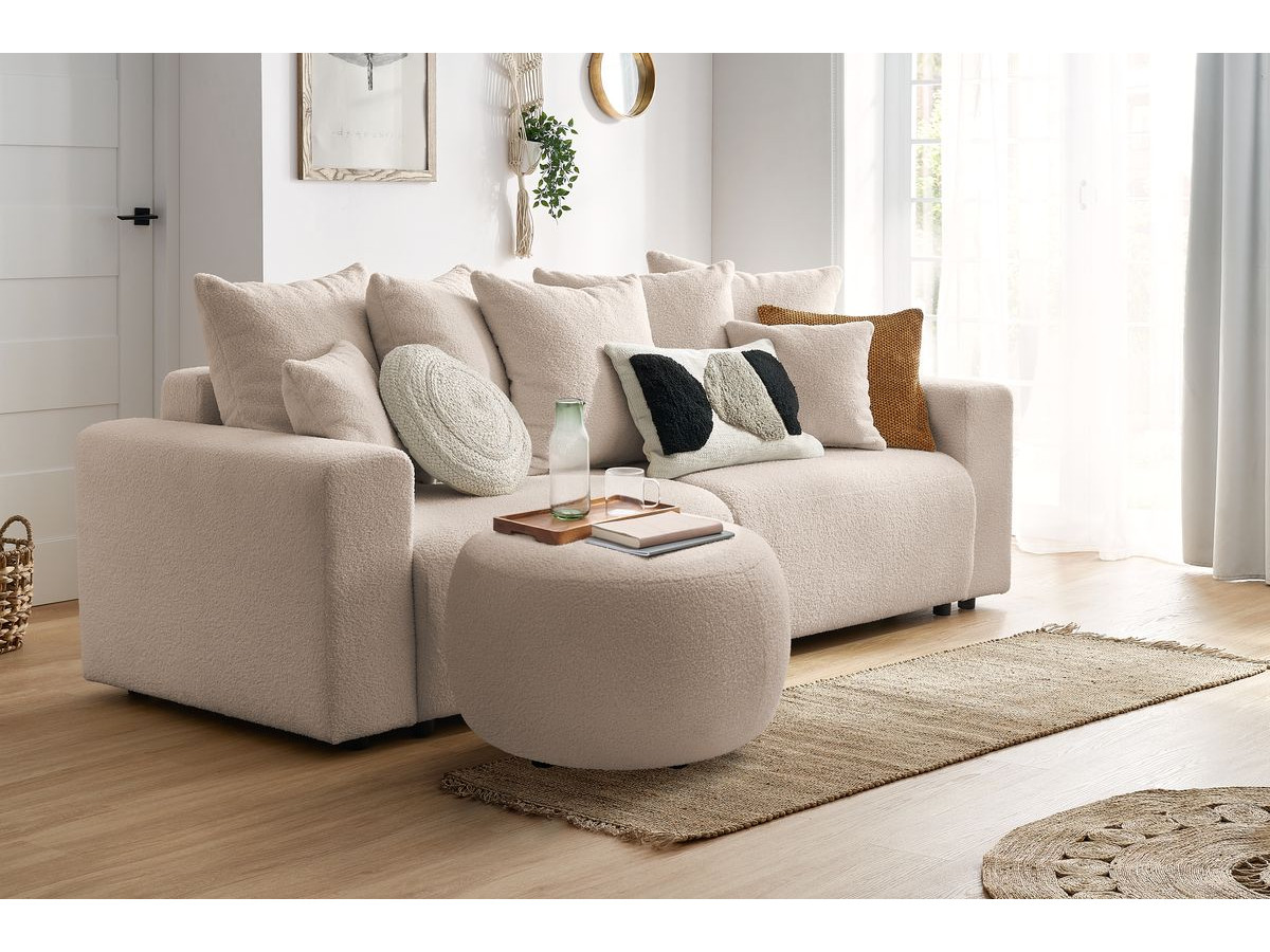 Canapé droit convertible coffre ENVY tissu bouclette doux avec pouf rond