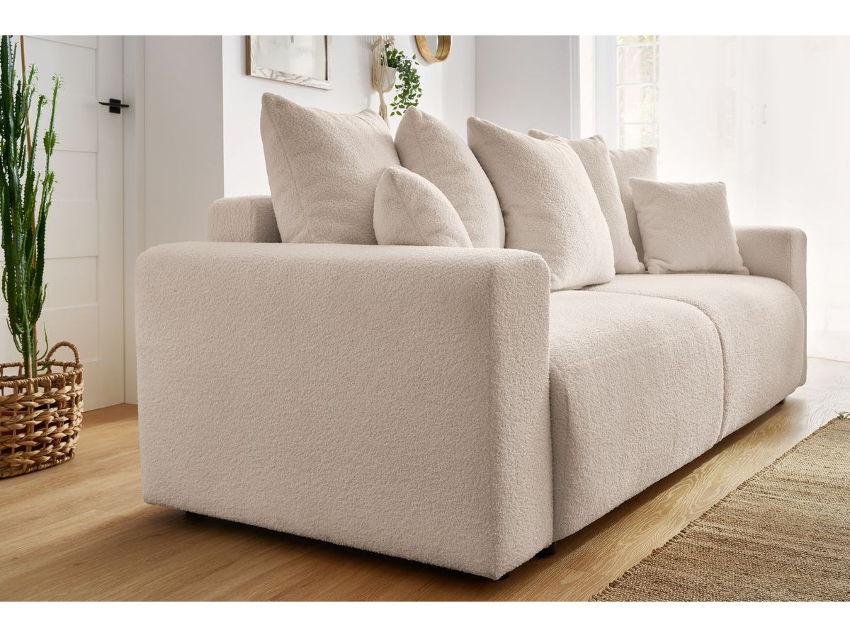 Canapé droit convertible coffre ENVY bouclette doux avec pouf rond beige — vue 5