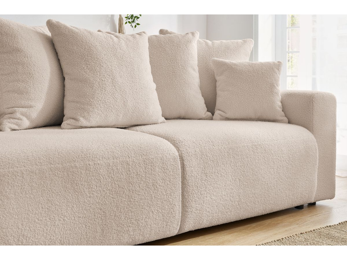 Canapé droit convertible coffre ENVY tissu bouclette doux avec pouf rond
