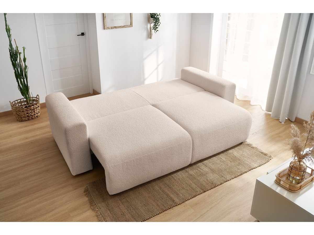 Canapé droit convertible coffre ENVY tissu bouclette doux avec pouf rond