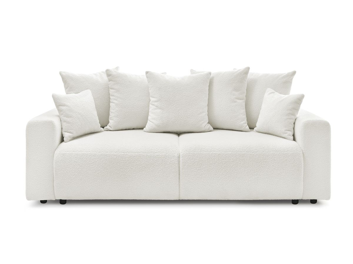 Canapé droit convertible coffre ENVY tissu bouclette doux avec pouf rond