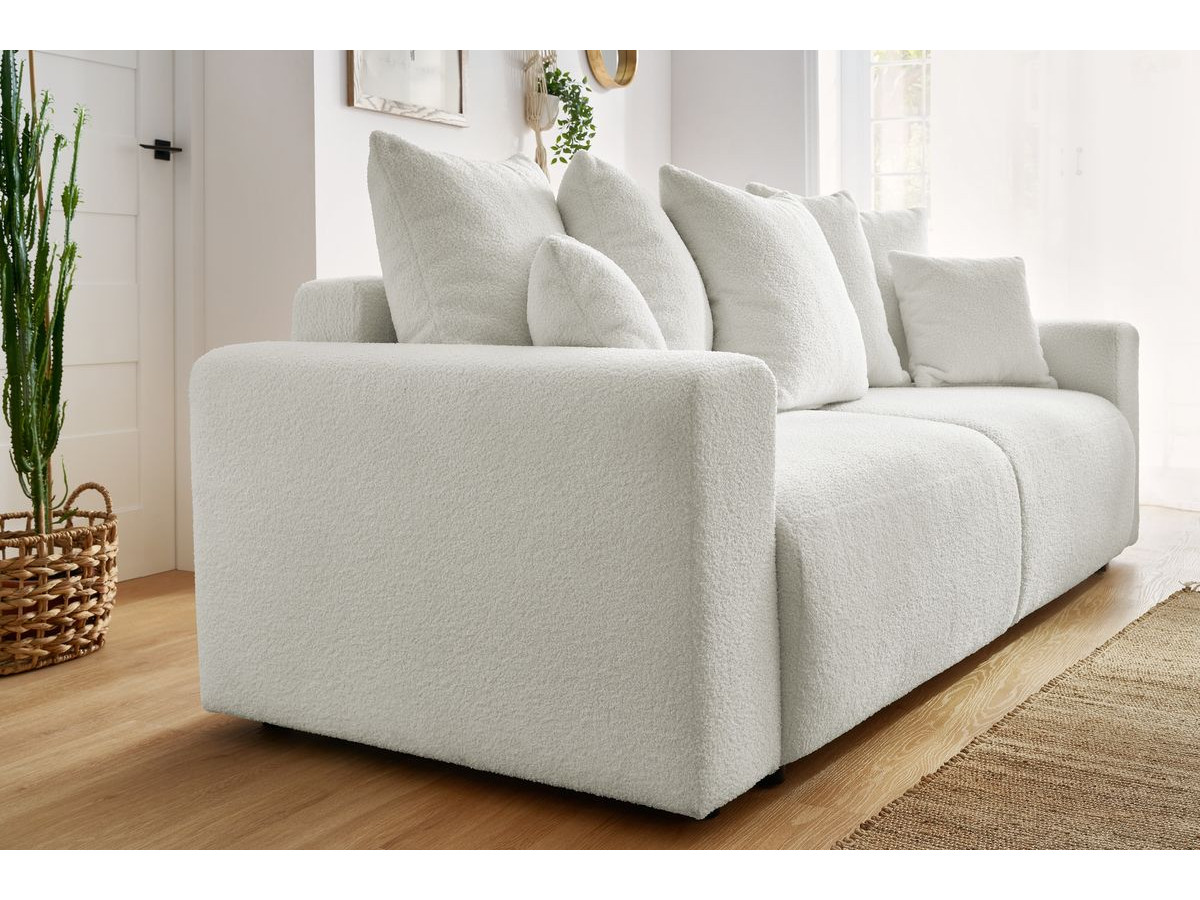 Canapé droit convertible coffre ENVY tissu bouclette doux avec pouf rond