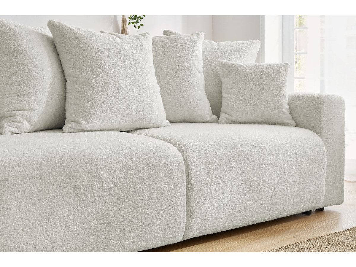 Canapé droit convertible coffre ENVY tissu bouclette doux avec pouf rond