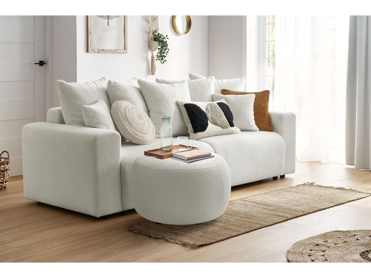Canapé droit convertible coffre ENVY tissu bouclette doux avec pouf rond