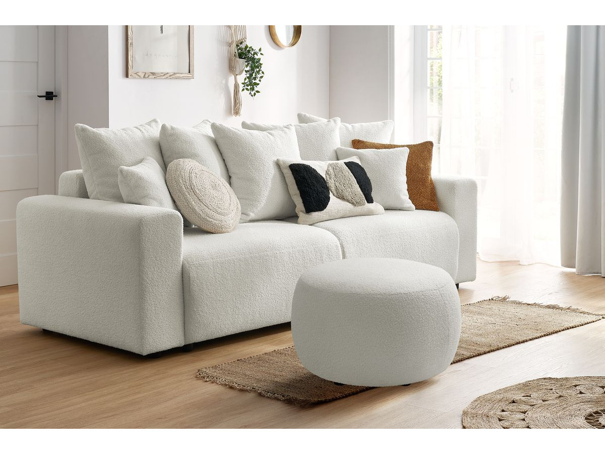 Canapé droit convertible coffre ENVY bouclette doux avec pouf rond blanc