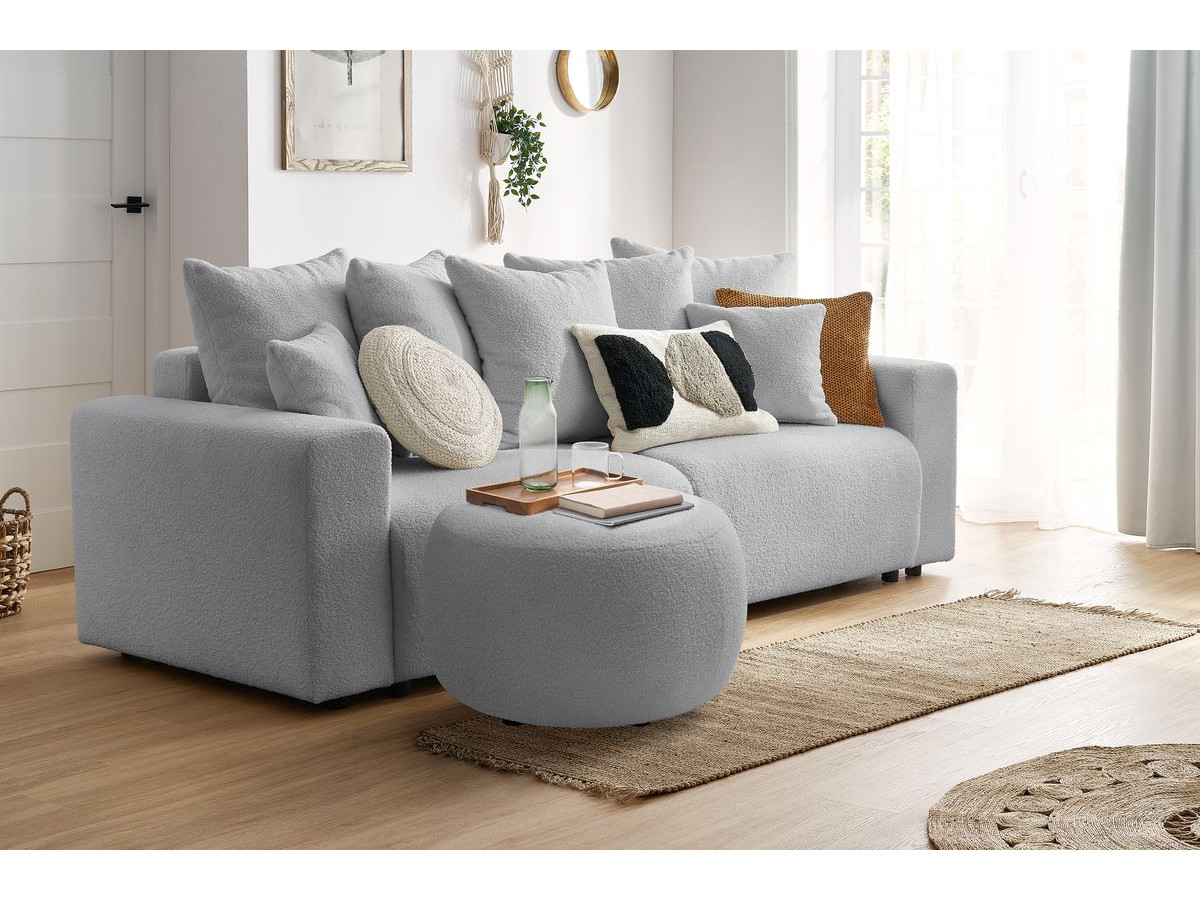 Canapé droit convertible coffre ENVY tissu bouclette doux avec pouf rond