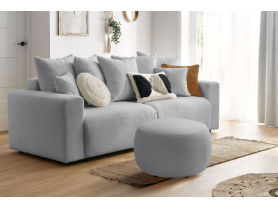 Canapé droit convertible coffre ENVY tissu bouclette doux avec pouf rond