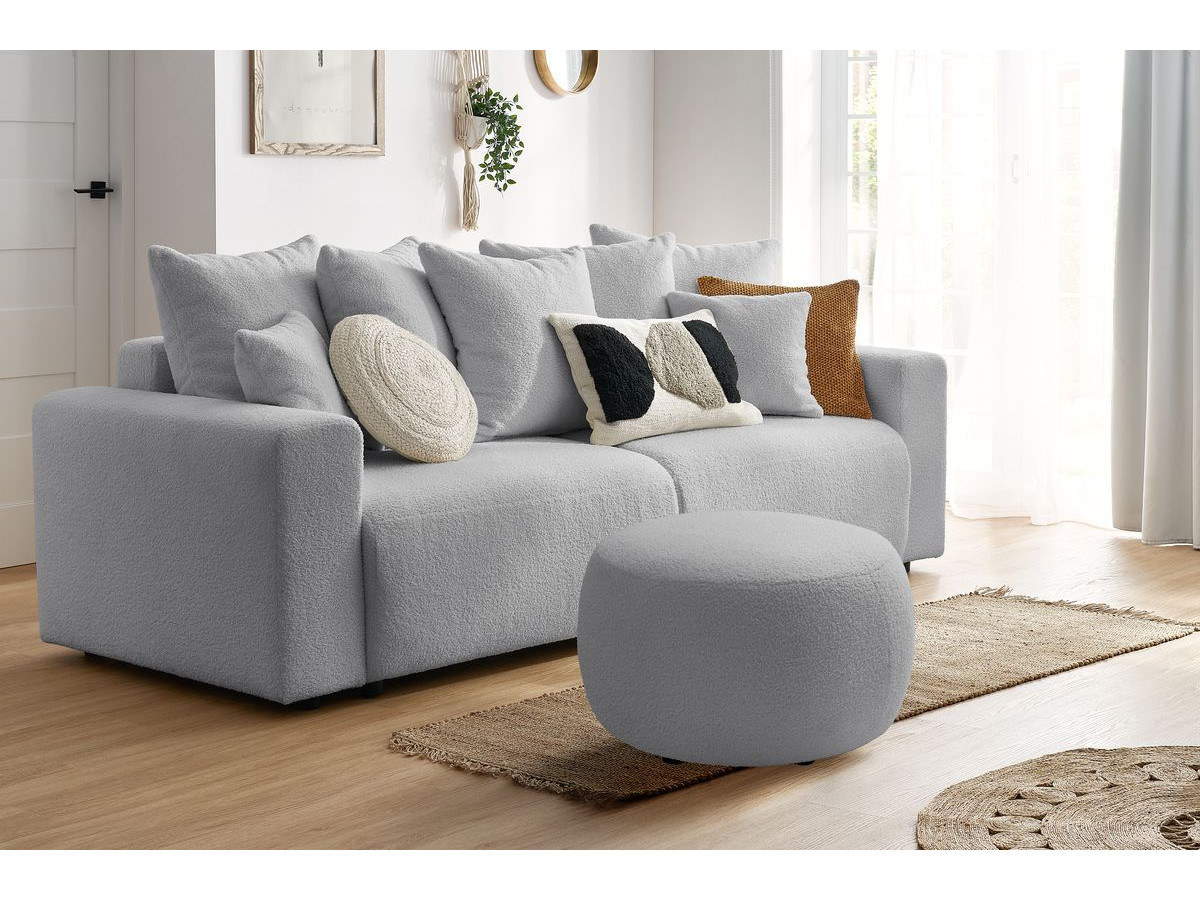 Canapé droit convertible coffre ENVY tissu bouclette doux avec pouf rond