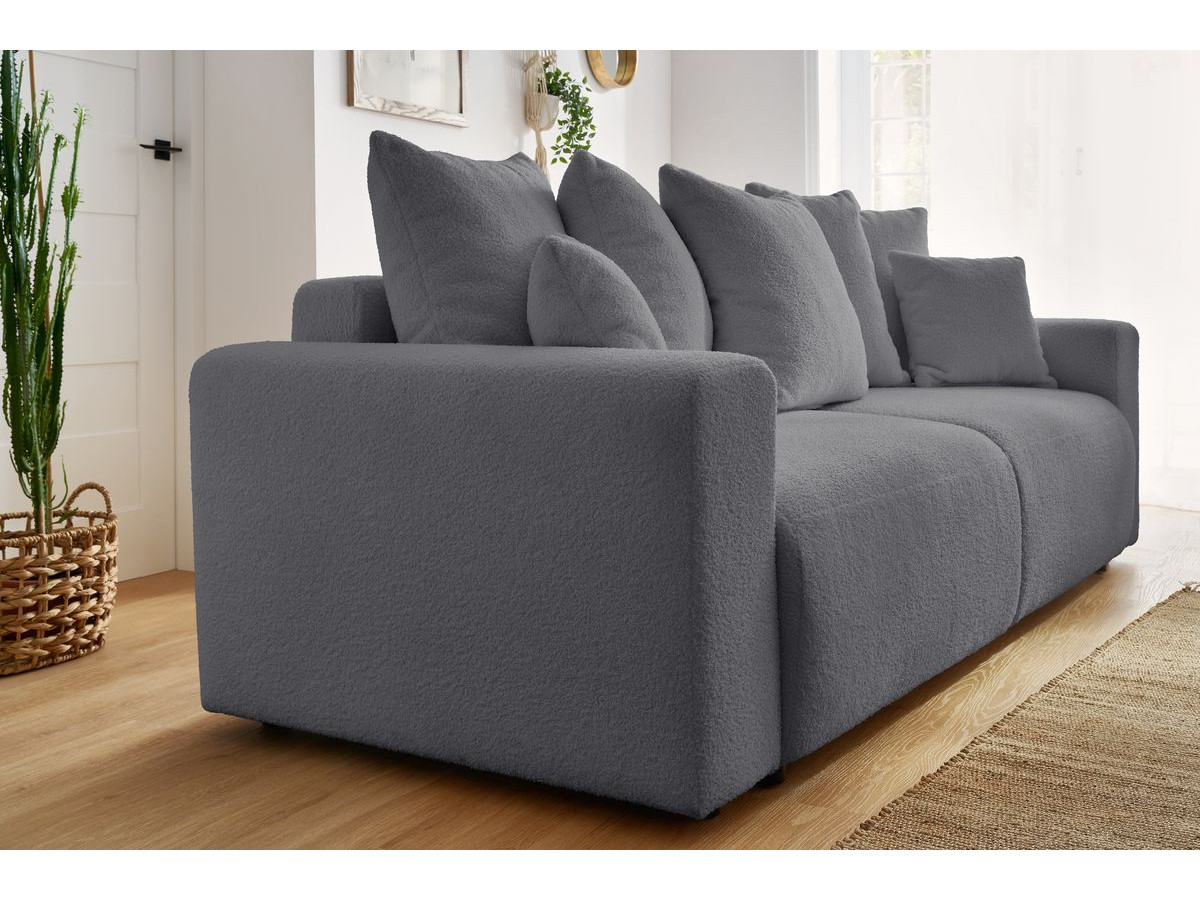 Canapé droit convertible coffre ENVY tissu bouclette doux avec pouf rond