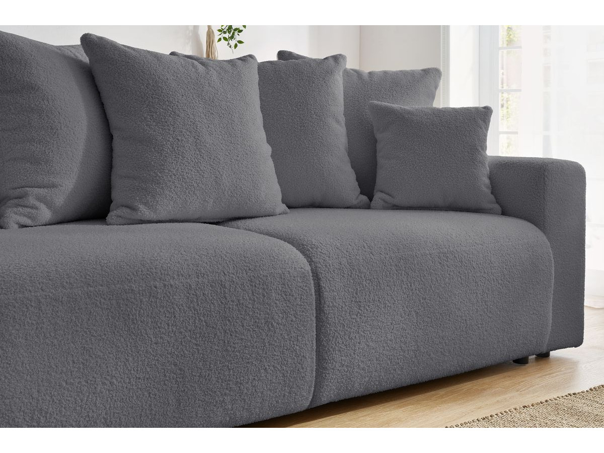 Canapé droit convertible coffre ENVY tissu bouclette doux avec pouf rond