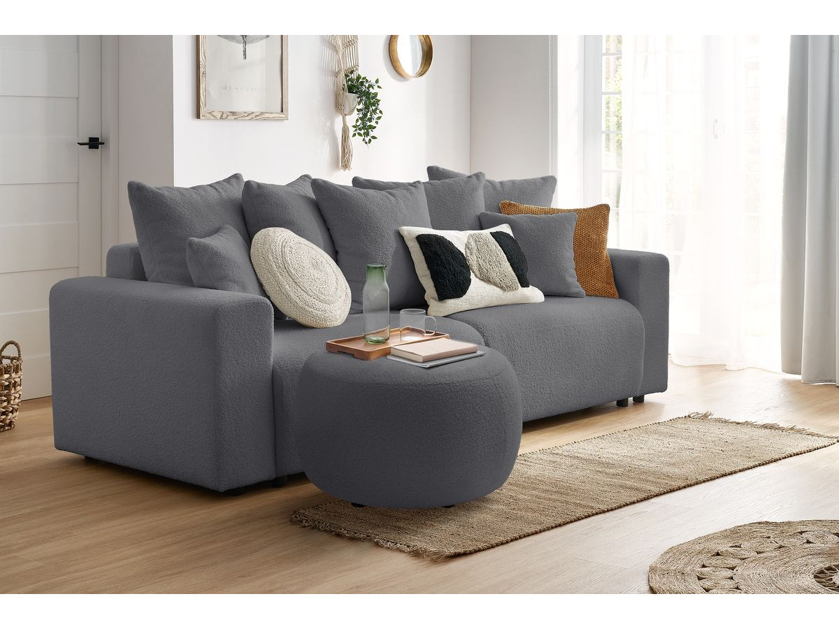 Canapé droit convertible coffre ENVY tissu bouclette doux avec pouf rond