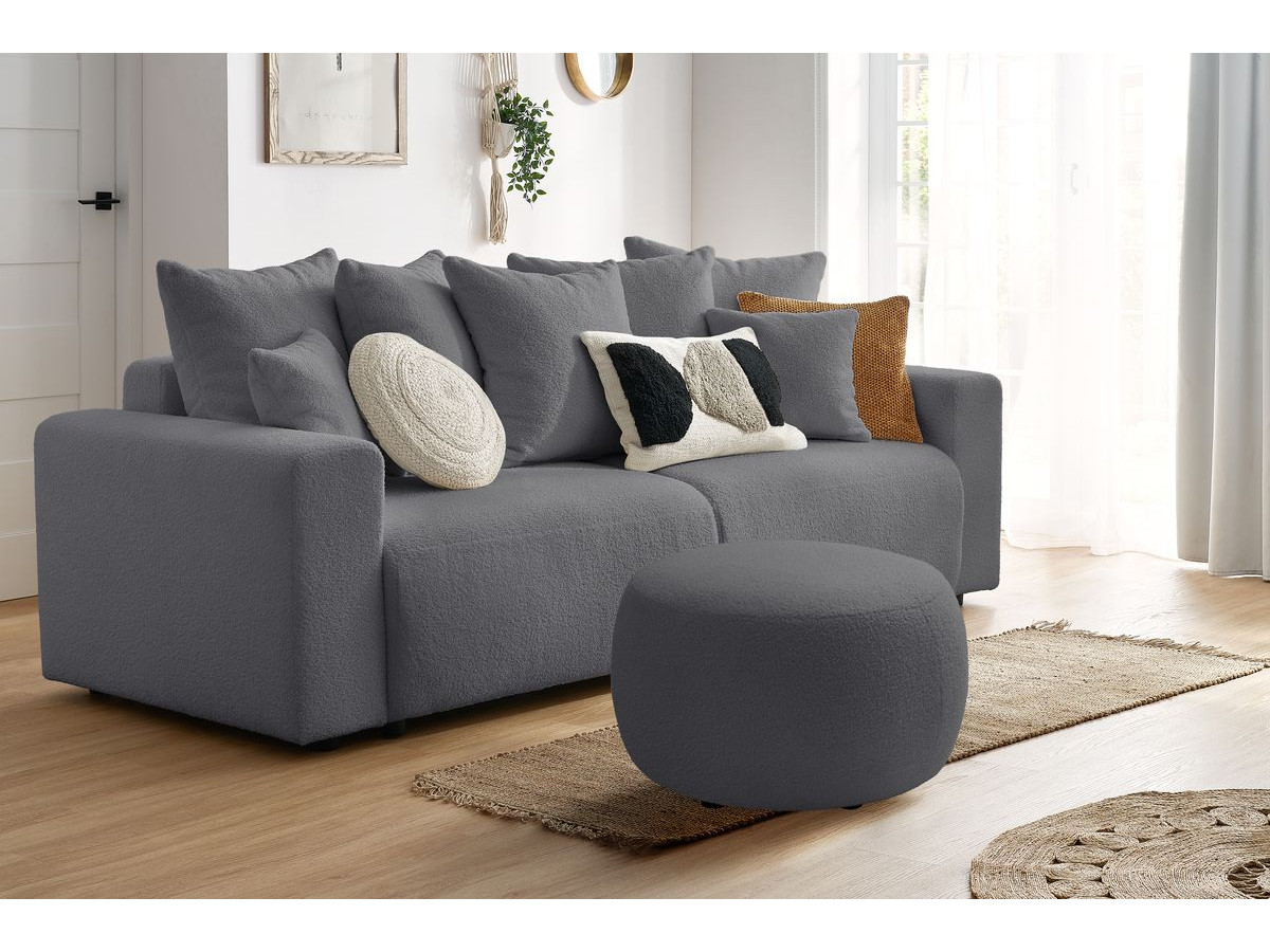 Canapé droit convertible coffre ENVY bouclette doux avec pouf rond gris foncé