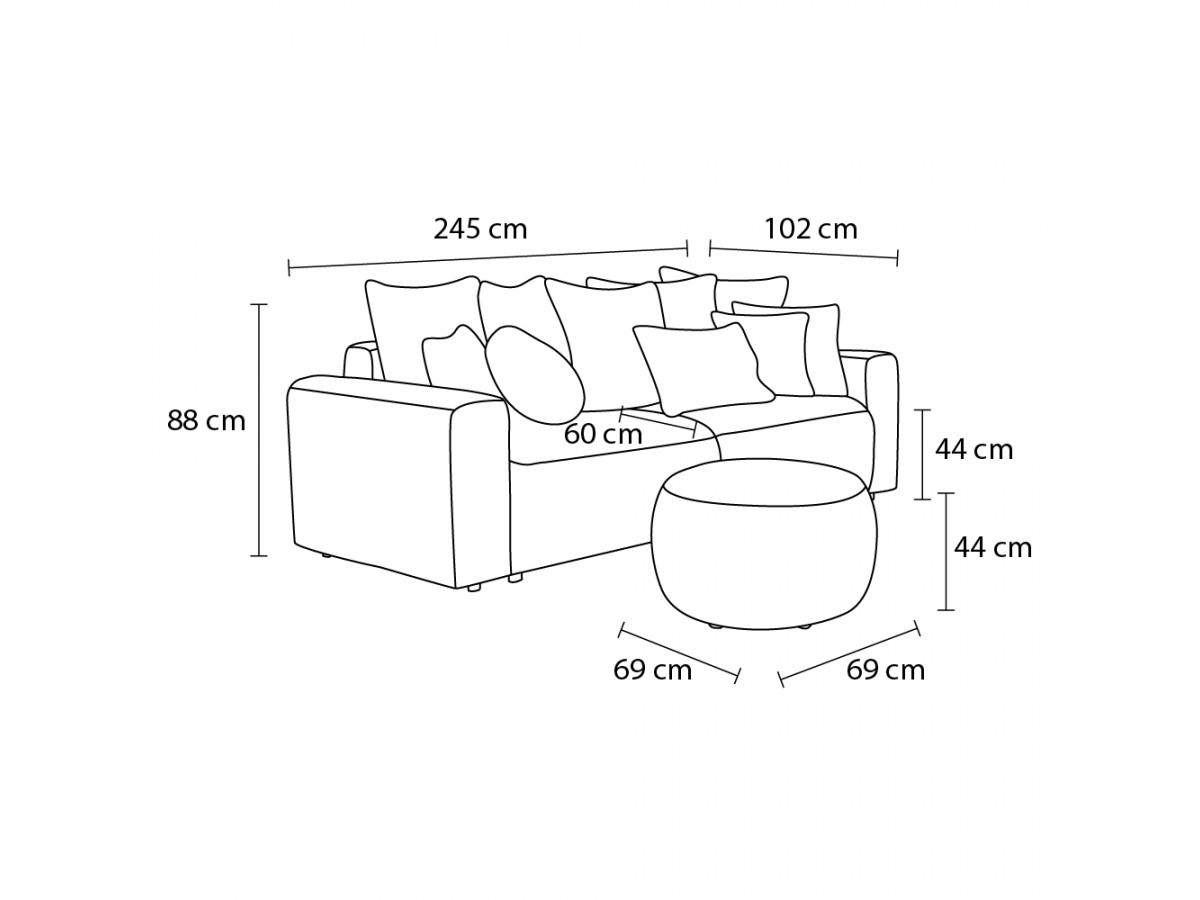 Canapé droit convertible coffre ENVY tissu bouclette doux avec pouf rond
