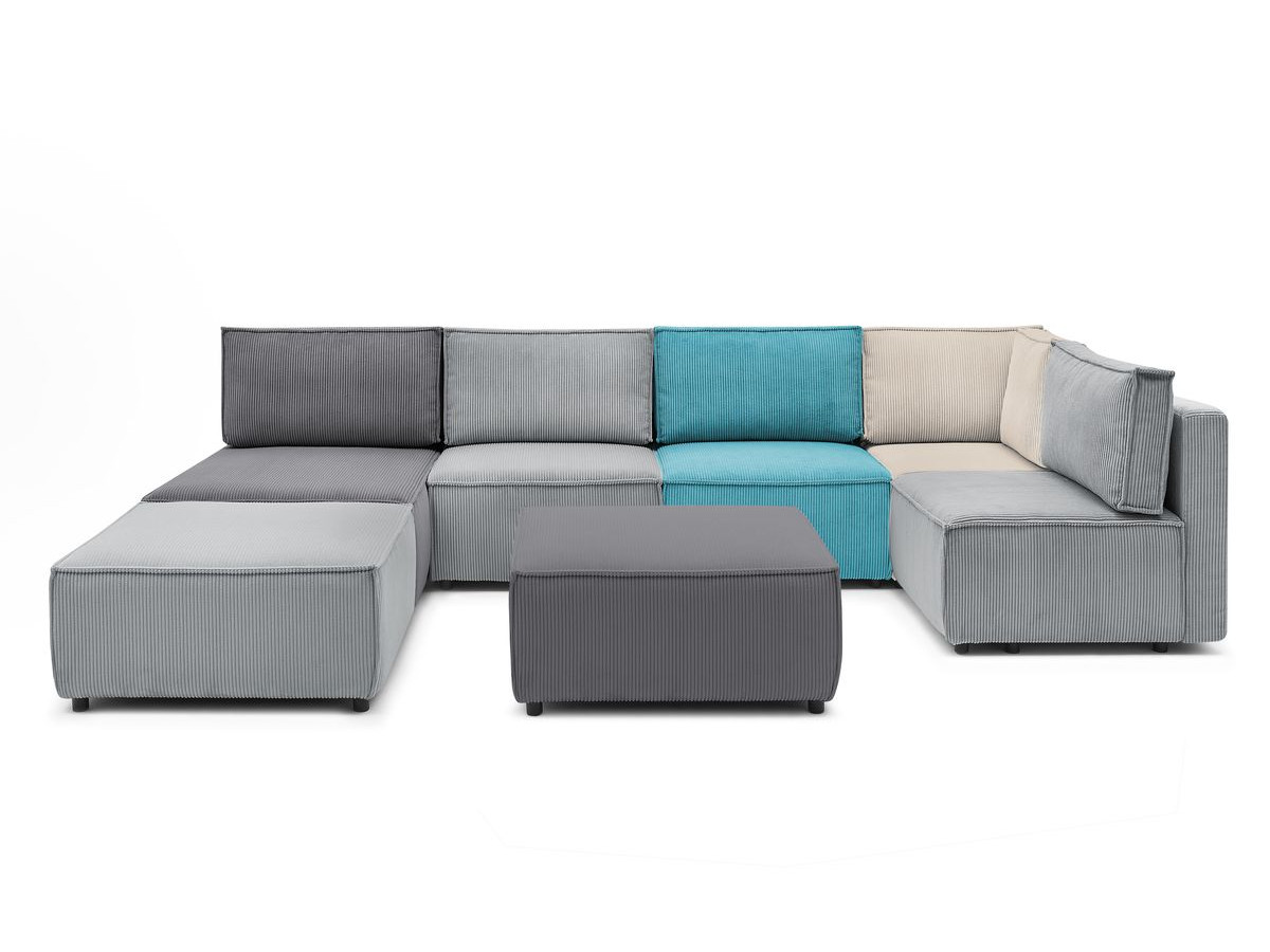 NIHAD vaste panoramische bank 100% modulaire corduroy stof 3 fauteuils, 1 hoek, 1 chaise longue en 2 poefs