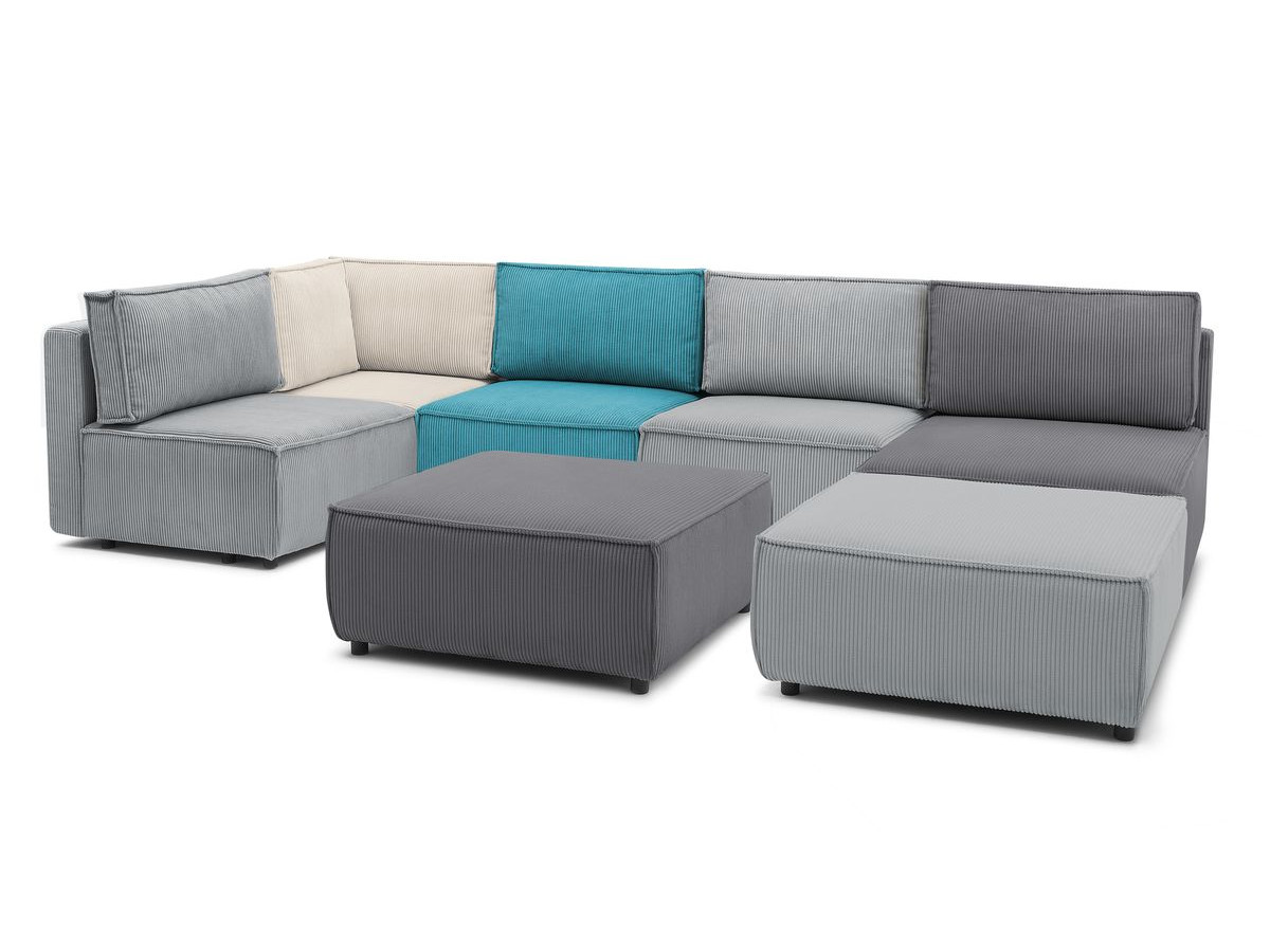 NIHAD vaste panoramische bank 100% modulaire corduroy stof 3 fauteuils, 1 hoek, 1 chaise longue en 2 poefs