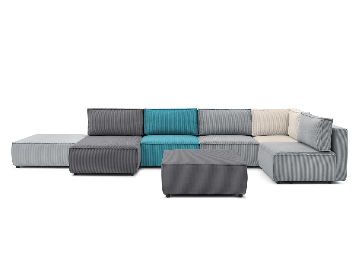 NIHAD vaste panoramische bank 100% modulaire corduroy stof 3 fauteuils, 1 hoek, 1 chaise longue en 2 poefs