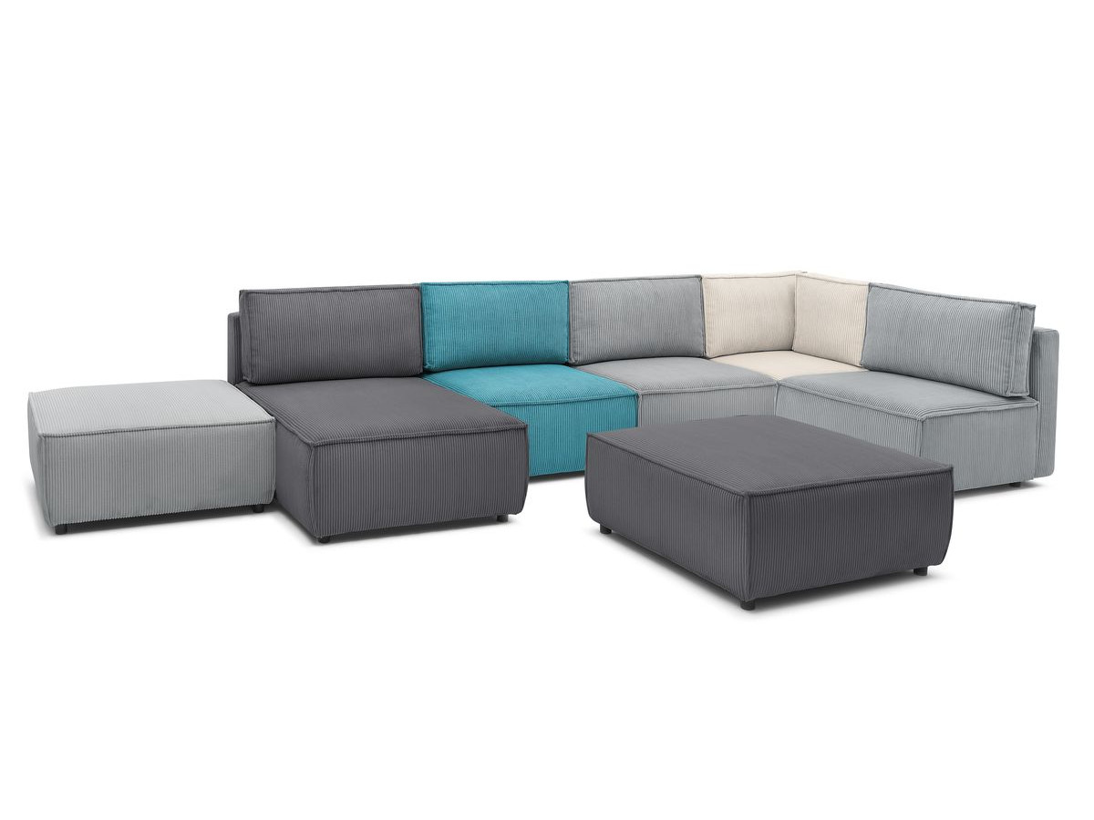 NIHAD vaste panoramische bank 100% modulaire corduroy stof 3 fauteuils, 1 hoek, 1 chaise longue en 2 poefs