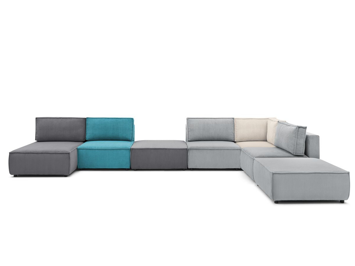 NIHAD vaste panoramische bank 100% modulaire corduroy stof 3 fauteuils, 1 hoek, 1 chaise longue en 2 poefs